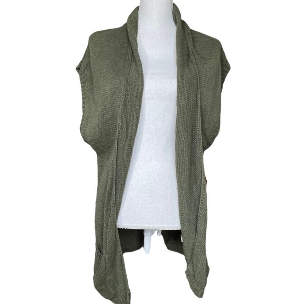 Eddie Bauer L Olive Green Knitted Pockets Shrtslvs Women’s Opened Cardigan Vest - Picture 3 of 12